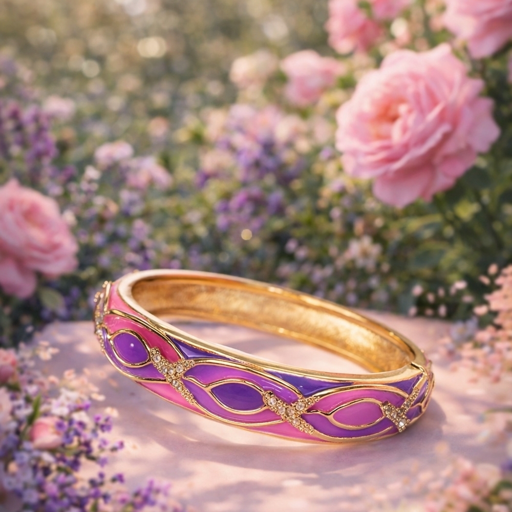 Gold Tone Pink & Purple Enamel Bangle Clamper Bracelet Chic Statement